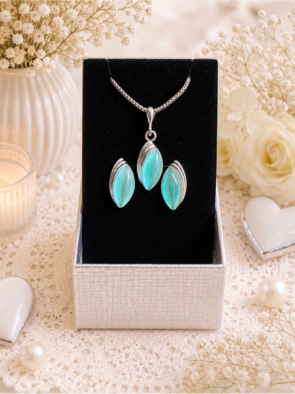 Silver-Tone Mint Green Marquise Pendant & Earring Set-NWOT